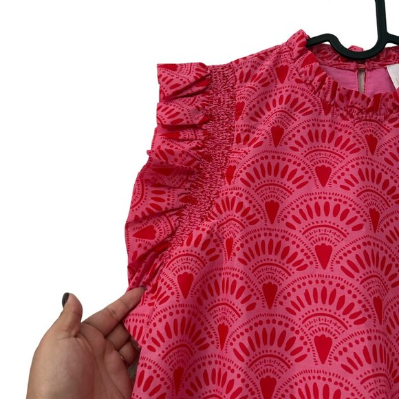 J Marie Pink Red Noelle Geometric Flutter Sleeve Preppy Blouse Size XSmall NEW - Picture 2 of 6